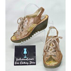 Fly London Women's Sparkly Gold Wedge Sandals Size 9.5 Leather & Suede  013